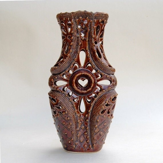 Vintage Ukrainian Brown Glazed Pierced Ceramic Pottery Vase