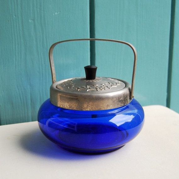 Vintage Sugar Bowl in Cobalt Blue Glass with Silver Tone Metal