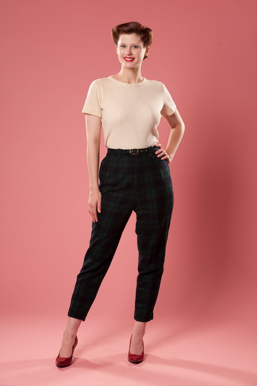 Vintage Black Watch Plaid Pants 1950s Capri Cigarette High