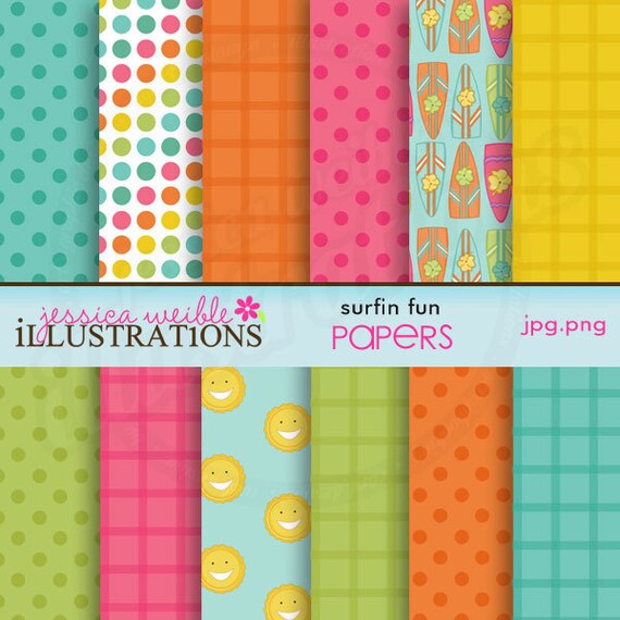 Surfin Fun Cute Digital Papers - Made 2 Match - Surfing, Summer Digital Backgrounds Il_570xn
