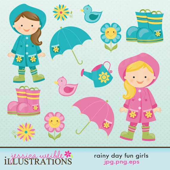 Rainy Day Fun Cute Digital Clipart for Card Design