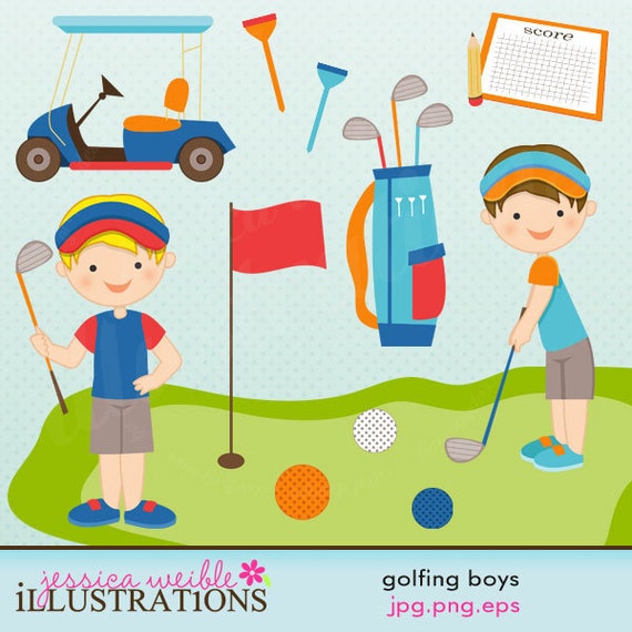 Golfing Boys Cute Digital Clipart Commercial by JWIllustrations