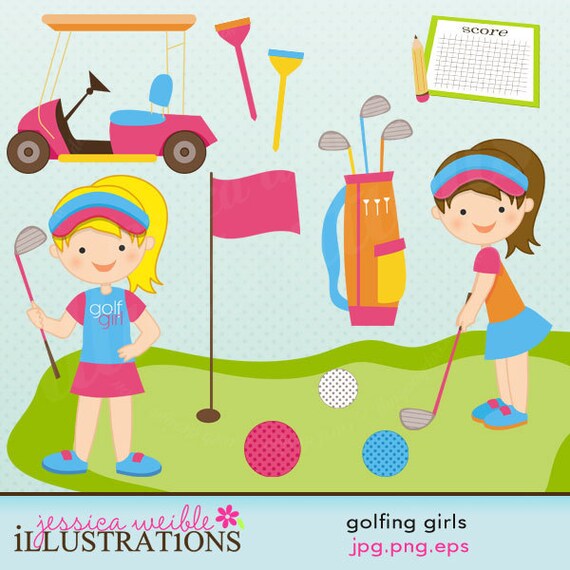 Golfing Girls Cute Digital Clipart for Card Design, Scrapbooking, and Web Design Il_570xn