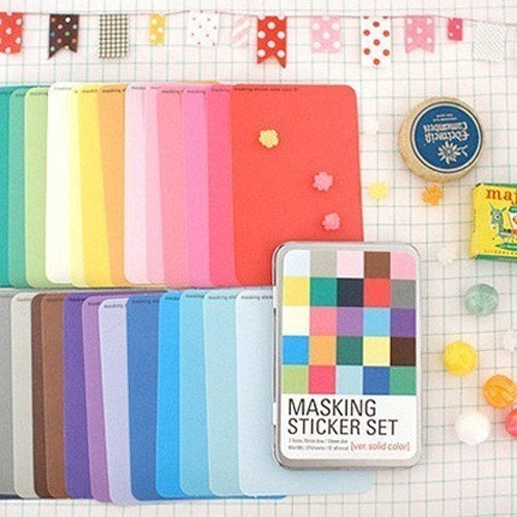 Solid Color Masking Tape Stickers 27 sheets tin case