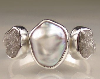 Baroque Pearl and Rough Diamond Ring - Three Stone Ring in Recycled Palladium Sterling - Made To Order Engagement Ring
