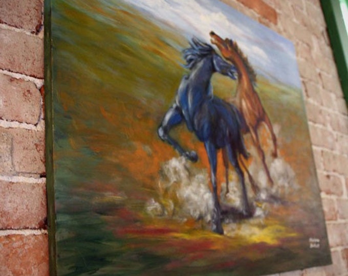 Free Shipping Fighting Stallions Oil Painting