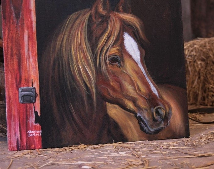 Horse in Barn Door Painting 20 x24 Acrylic on Canvas board