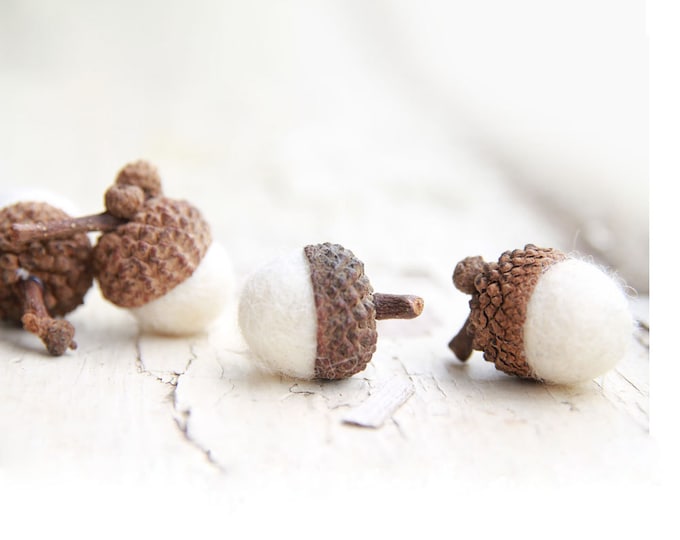 Set of 24 SNOW WHITE Wool Felted Acorns- As seen in Southern Living magazine