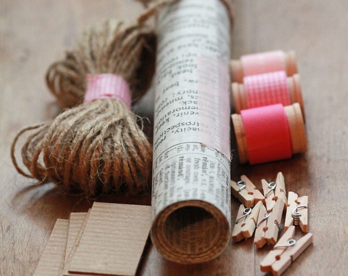 VALENTINES Gift Wrapping KIT- Waxed Tissue Wrapping Paper-Washi Tape- Mini Clothespins- Jute- Kraft Tags