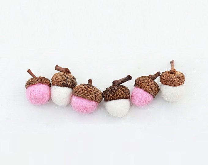Set of 12 PINK AND WHITE Wool Felted Acorns