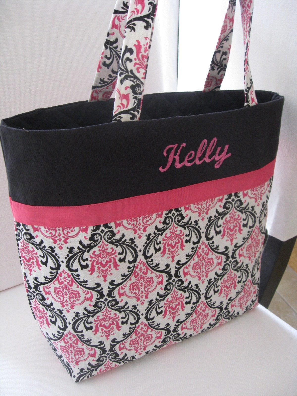 Large Embroidered Tote Bag Pink and Black Damask