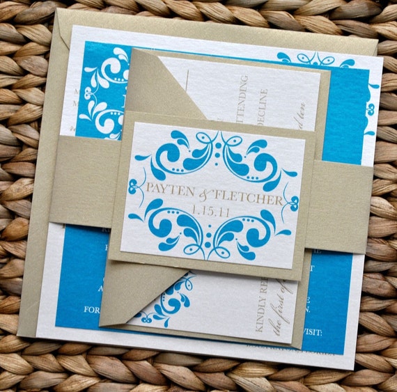 Melissa Wedding Invitation Suite with Belly Band Teal Gold