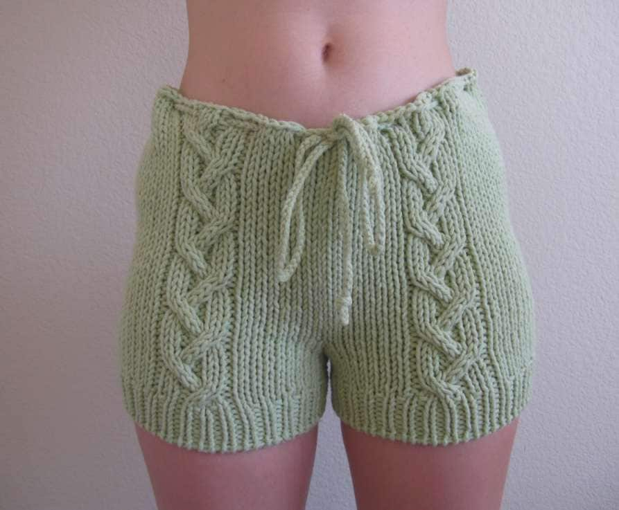 Hand knitted cute cable knit shorts in sage by MaraArber on Etsy