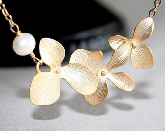 Gold Orchid Necklace with white Freshwater Pearl. Three Orchids. Gold Flower Necklace. Gold Filled. Wedding Jewelry, Bridesmaids Gift