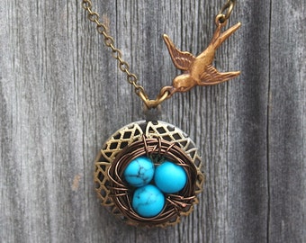 Sparrow and Bird Nest Locket Necklace