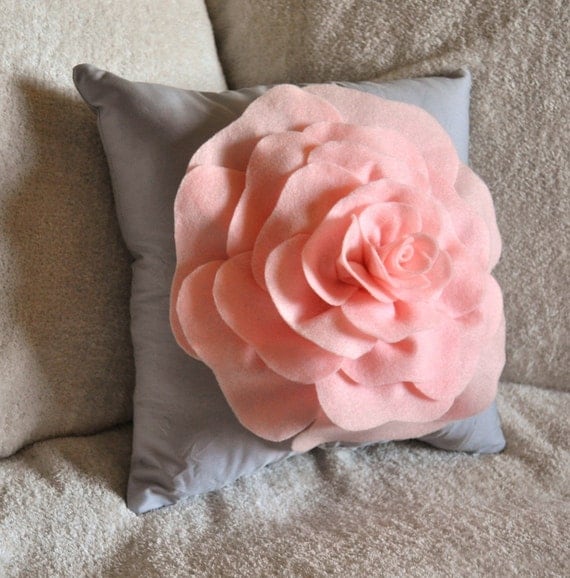 Light Pink Rose on Light Grey Pillow by bedbuggs on Etsy