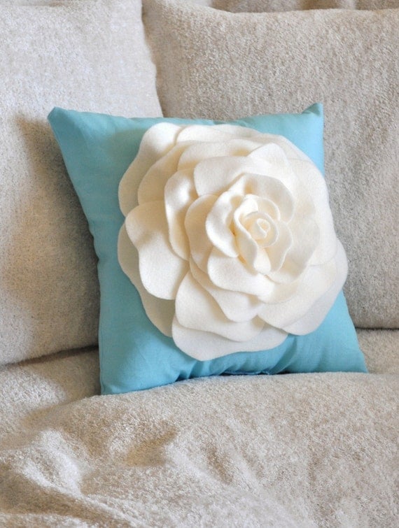 Items similar to Pillows, Throw Pillow, Ivory Rose on Bright Robins Egg Blue on Etsy
