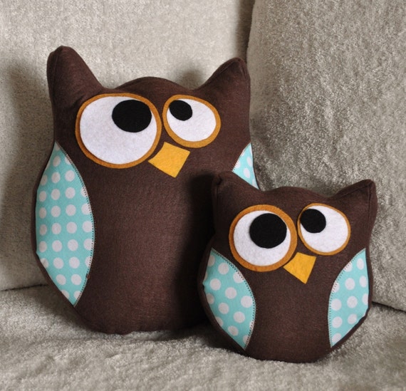 Owl Plush Pillow Hooter and Lil Hoot Owl Set in Aqua Dot