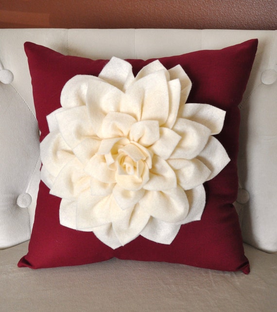 Dahlia Felt Flower Holidays Decorative Pillow Ivory on ruby