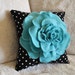 Turquoise Rose on Black with White Polka Dot Pillow