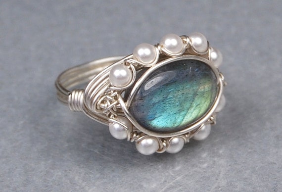 Labradorite Sterling Silver Ring Oval Gemstone and White
