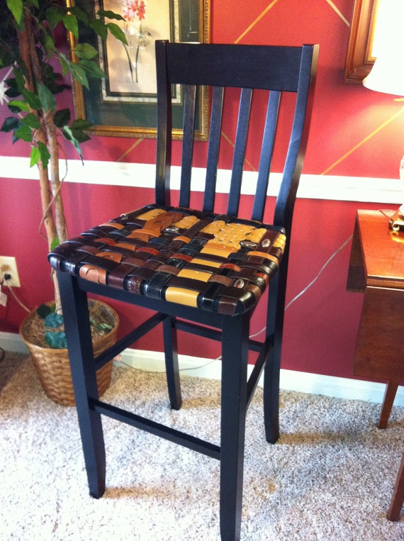 Items similar to BeltArt Black Bar Stool with Black and Brown Woven ...