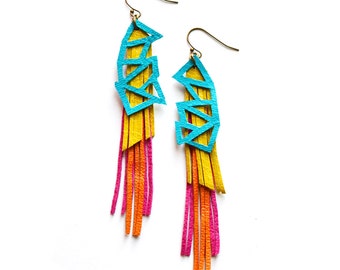 Geometric Leather Earrings, Turquoise Geometric Earrings, Long Fringe Earrings, Triangle Earrings, Color Block Statement Earrings