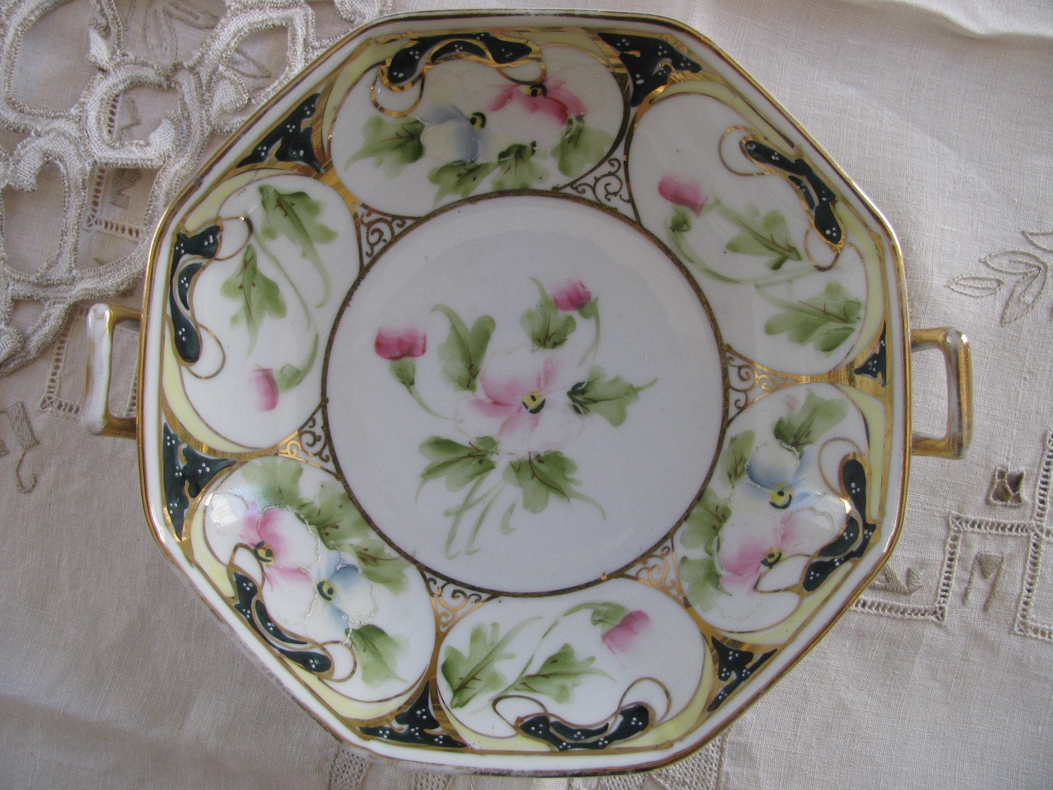 Antique Hand Painted Octagon Nippon Bowl with Handles