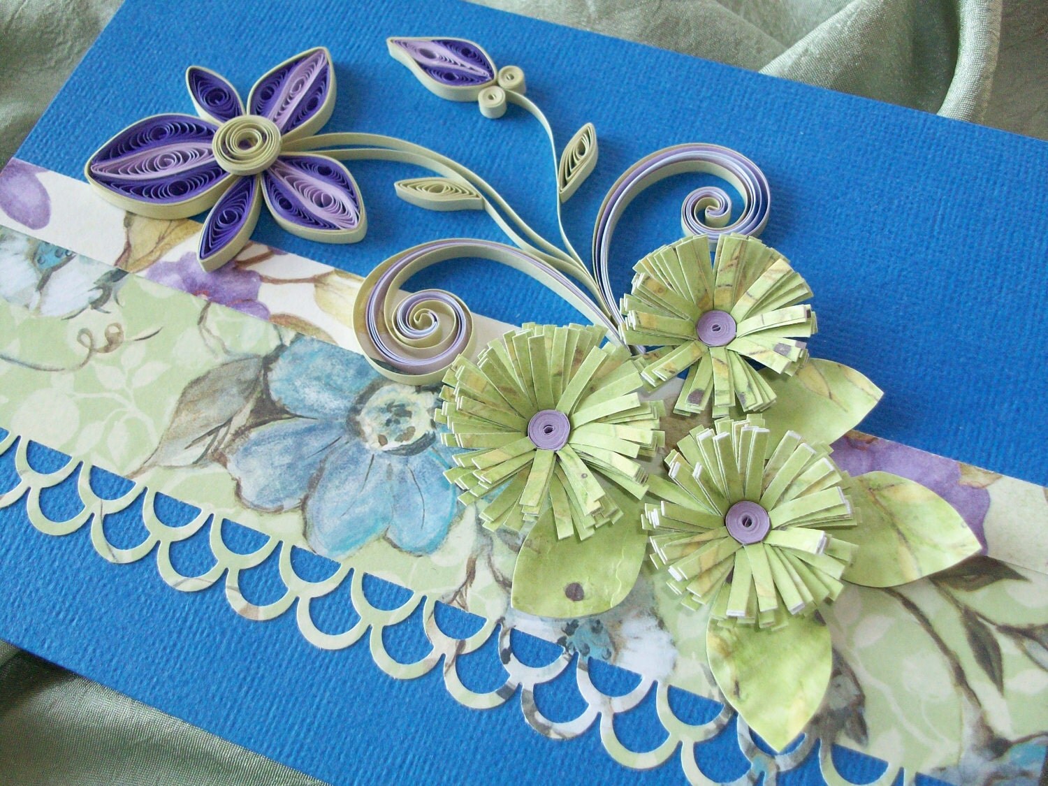 Quilled Flower Greeting Card Blue and Lime by Botaniquills on Etsy