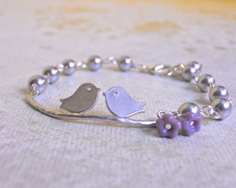 Free Shipping Branch and Birds Bracelet. Charm Bracelet, Friendship Bracelet, Love bracelet, Bangle, cuff, Wedding bracelet, silver