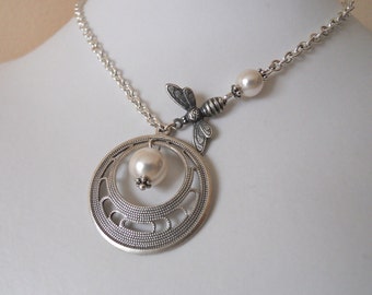 Free shipping - Hoop Pendant Necklace, Statement Necklace, Lariat, Choker, Wedding Necklace, Bee necklace, White Pearls