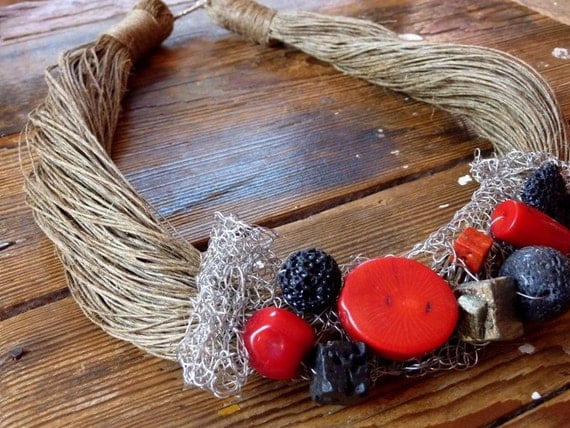 Knitted Nest with Stones from Mother Nature- Linen Necklace