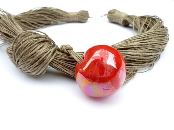 One of a Kind Linen Necklace with a Raspberry Touch