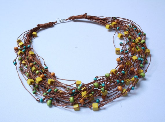 Summer Folk Style Linen necklace with woodden beads