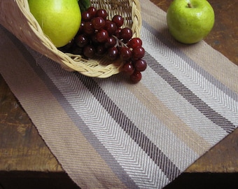 Rustic Farmhouse Decor Brown Table Runner, Fall Harvest Decor Artisan Hand Woven French Country Cottage Mocha Caramel Stripe Cotton 30"L
