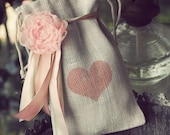 Ivory Burlap Heart Gift Bag with Chiffon Flower and Ribbon
