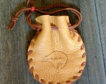 Drawstring leather bag , Bear totem , Drawstring pouch , Handmade leather medicine bag