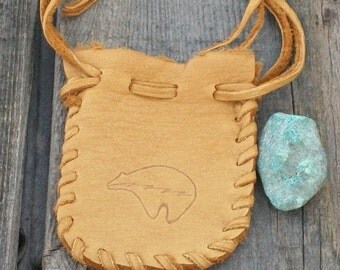 Leather drawstring pouch , Buckskin medicine bag with bear totem , Leather crystal bag