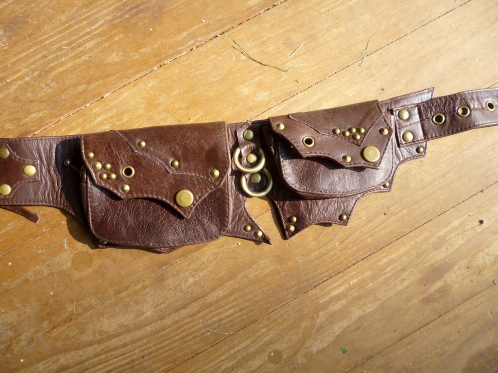Chocolate and Antique Brass Steampunk Leather Hip Belt Bag