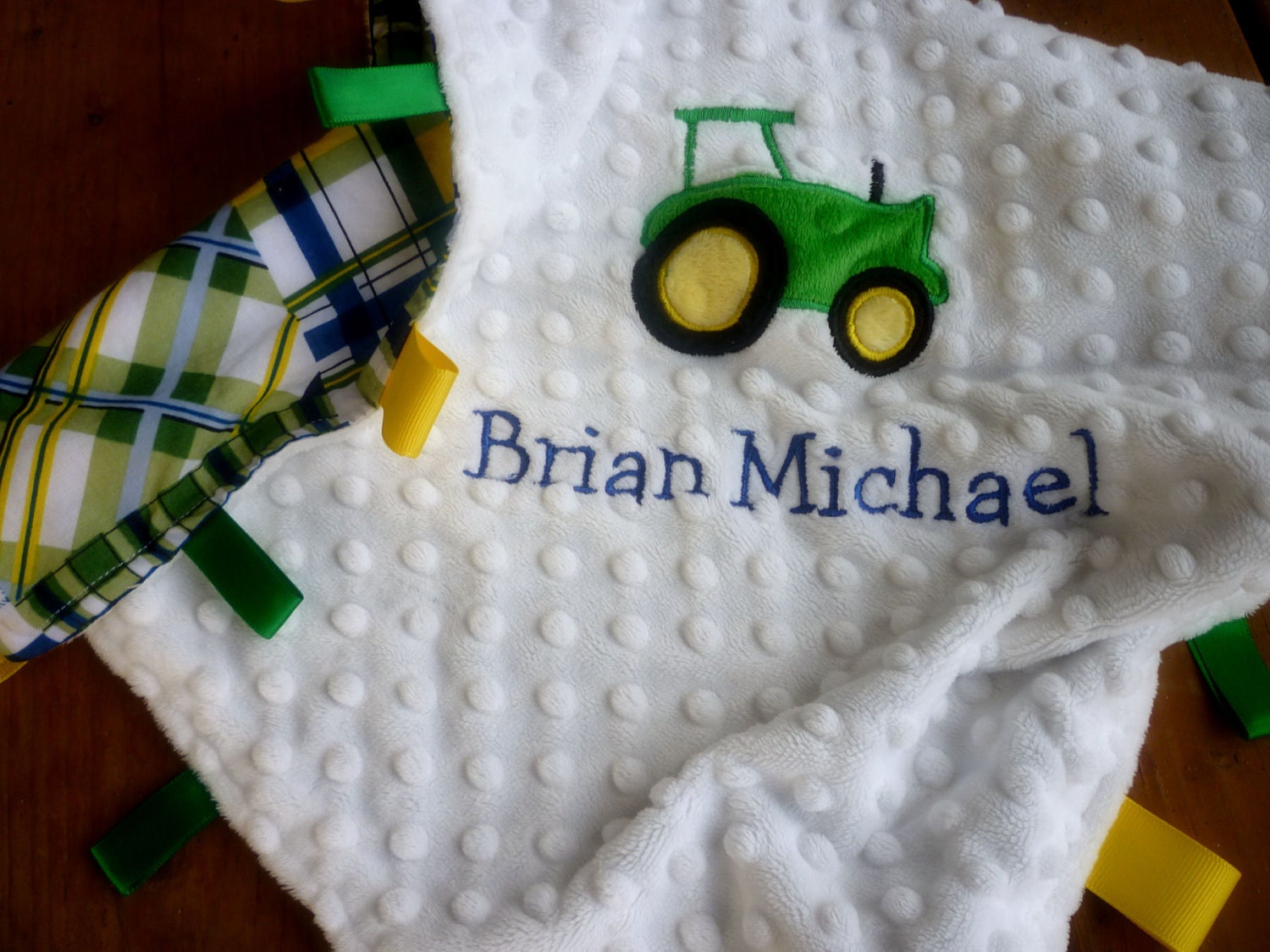 Personalized Baby Blanket green and yellow baby boy by mylilluvbug