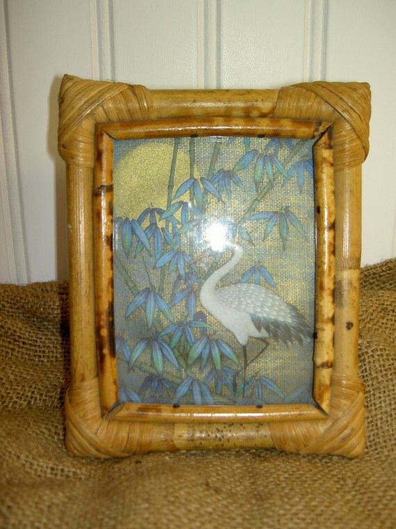 Vintage Bamboo Picture Frame with Oriental Crane