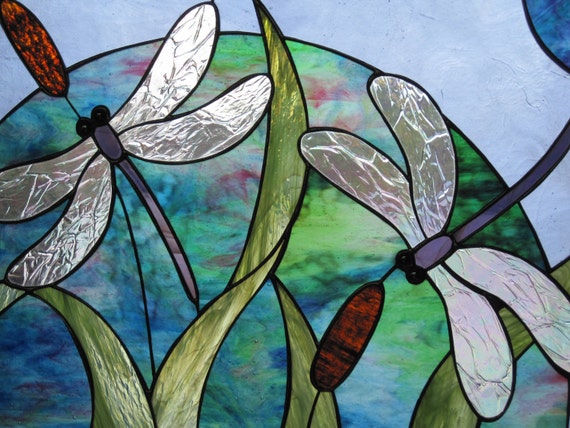 Items similar to Stained Glass Double Dragonfly and Cattail Panel on Etsy