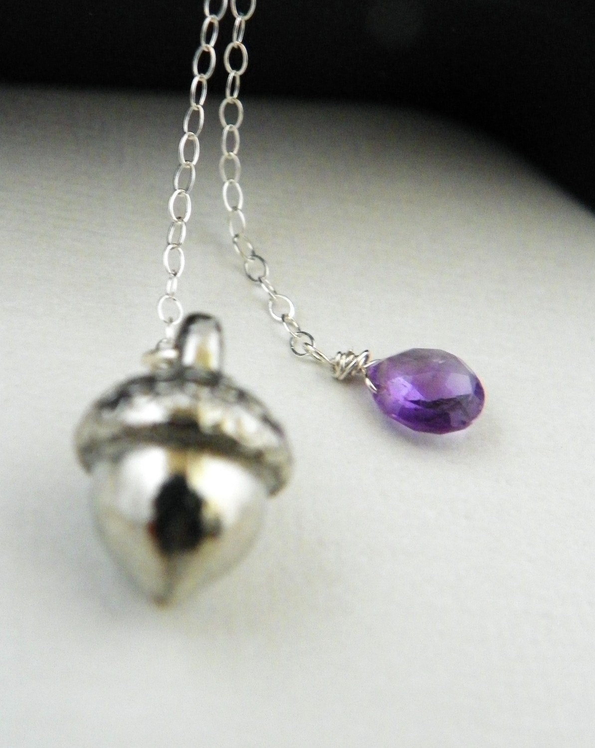 Items similar to Pewter Acorn Lariat Necklace Amethyst Gem Briolette February birthstone on