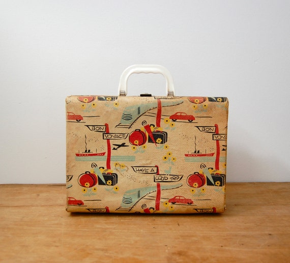 Vintage 1950s Suitcase 50s Novelty Print Travel Case The