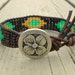 Southwestern beaded leather cuff ON SALE, OOAK wrap bracelet, native american Boho friendship bracelet, brown, turquoise green, bohemian
