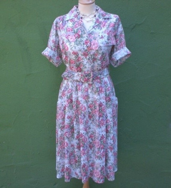 Vintage 80s Floral House Wife Rockabilly Day Dress LARGE