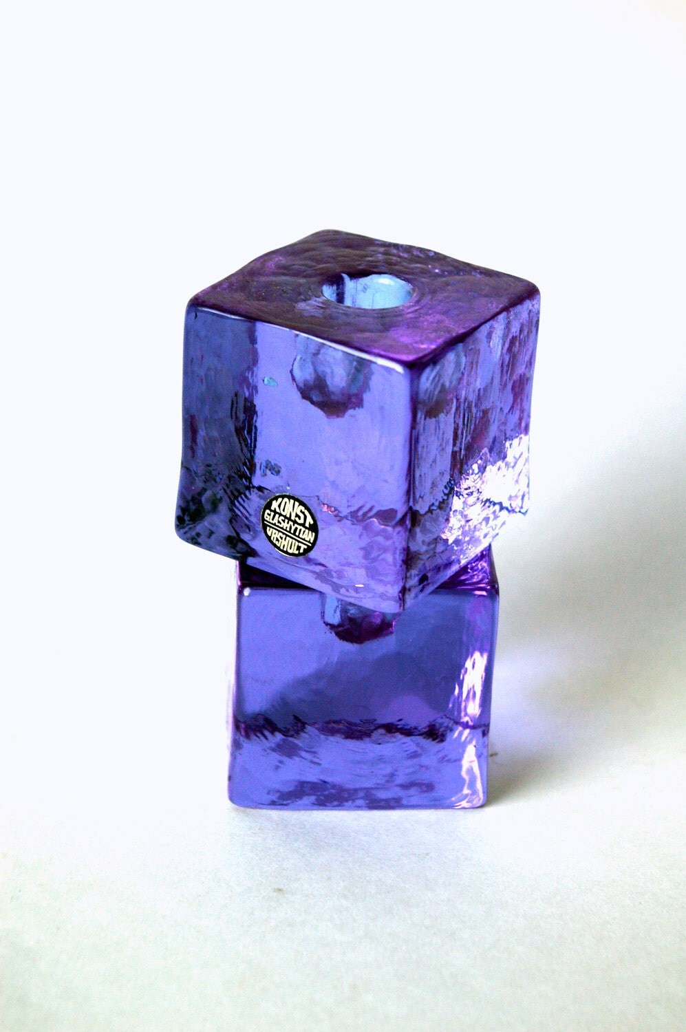 Two Purple Ice Cube Candle Holders by Konst Glashyttan Urshult