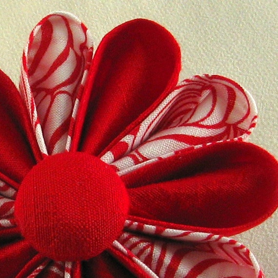 Red Silk Flower Pin with Red Zebra Print Button