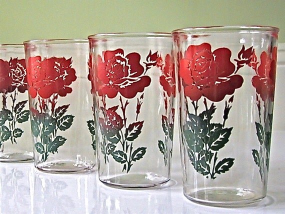 Vintage 1940s Red Rose Jelly Jar Glasses