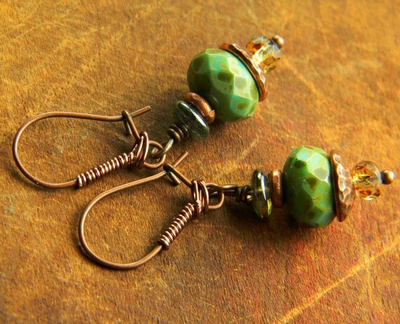 Items Similar To Rustic Copper Earrings Green Czech Glass Boho